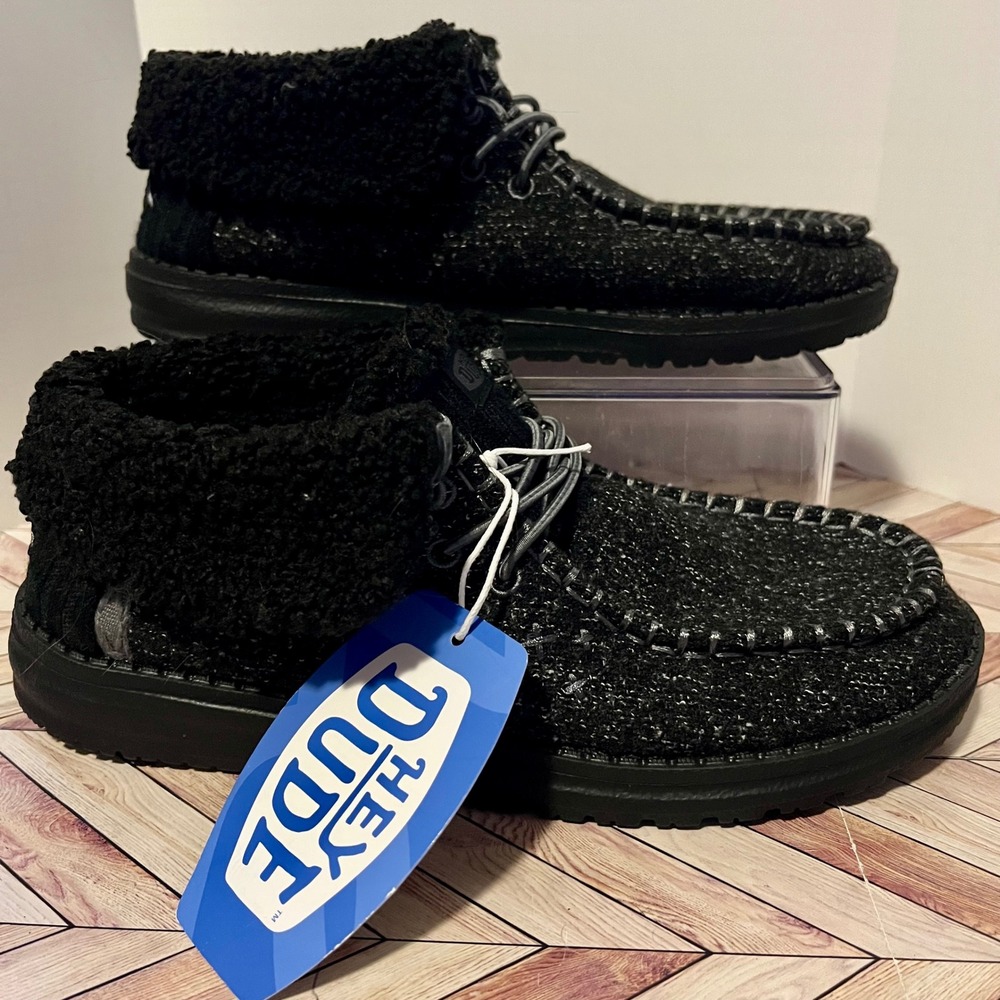 Hey Dude Wendy Fold Brushed Cozy Bootie Women 7 Black Sherpa Lined 42025-060‎